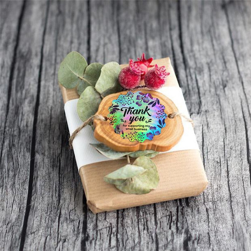 Bling holographic scalloped thank you stickers - 50