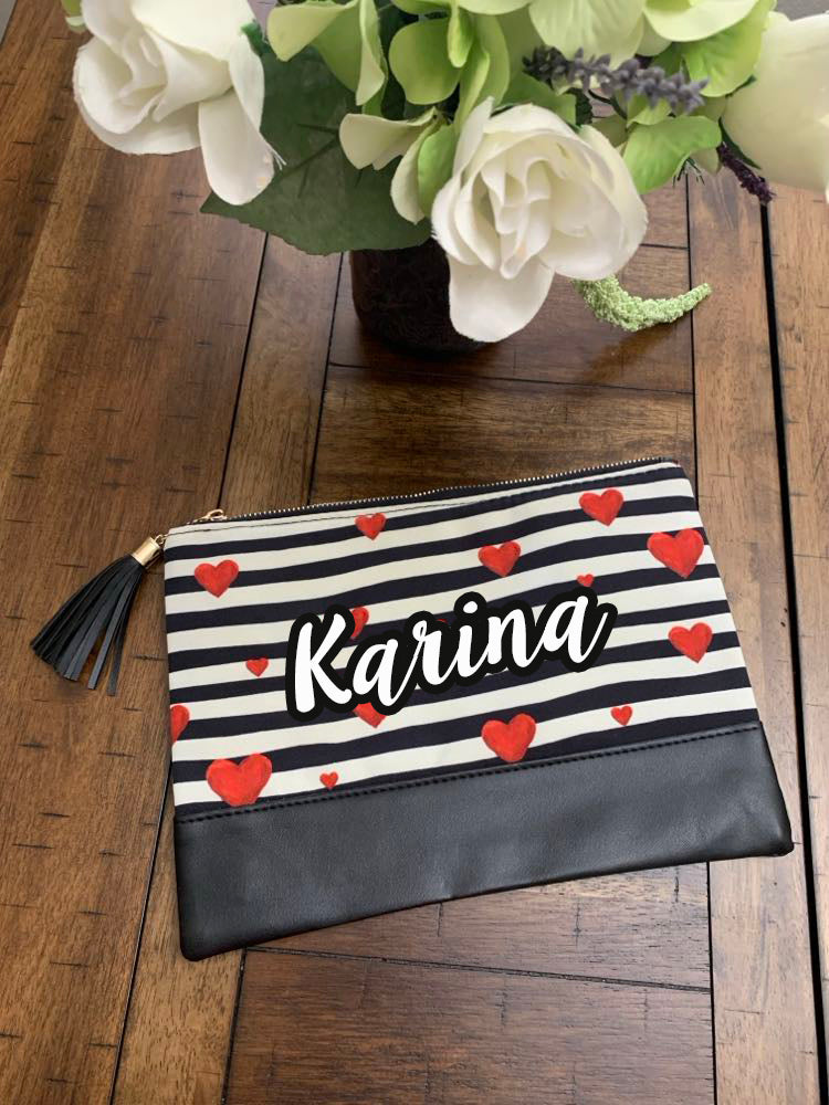 Personalized Bling 11x8 large canvas striped cosmetic bag with heart print