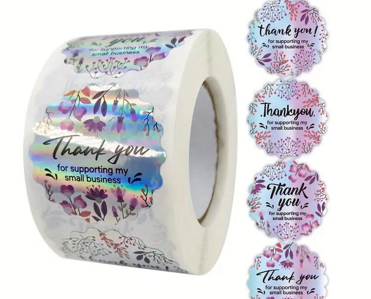 Bling holographic scalloped thank you stickers 1" - 100