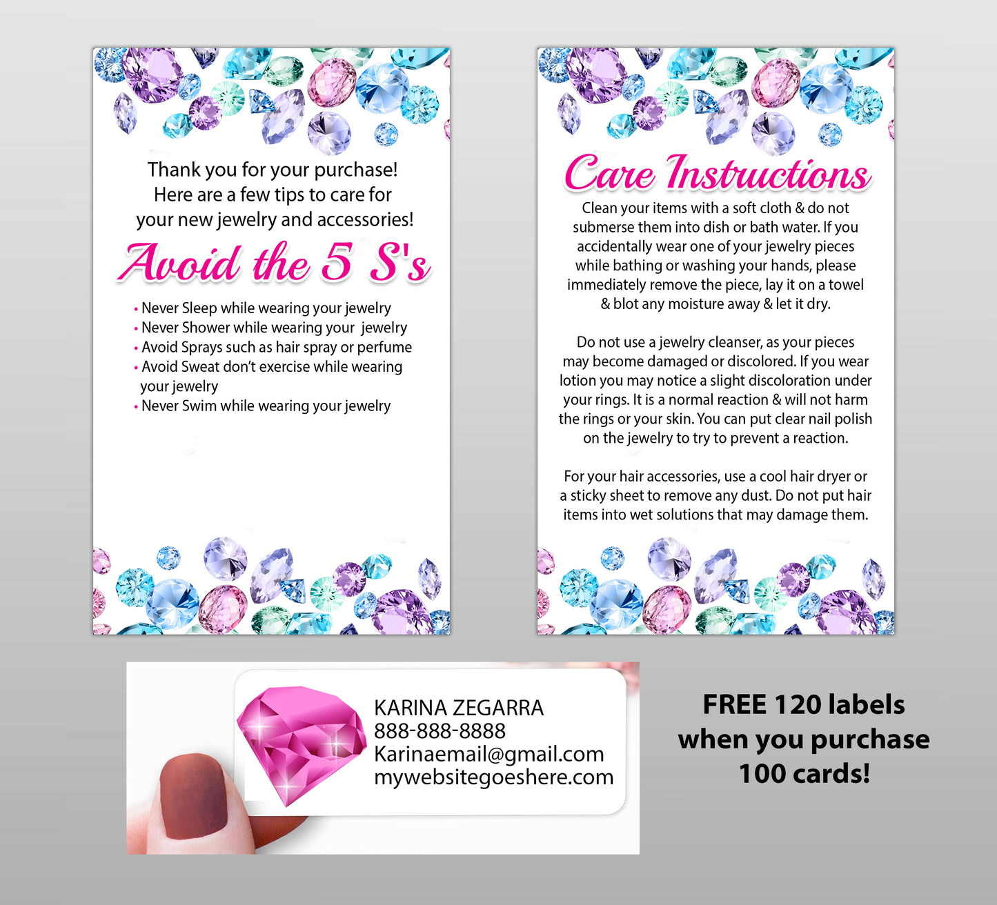 Bling - 3.5 Jewelry Care Cards - JEWELS PACK OF 25
