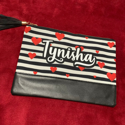 Personalized Bling 11x8 large canvas striped cosmetic bag with heart print