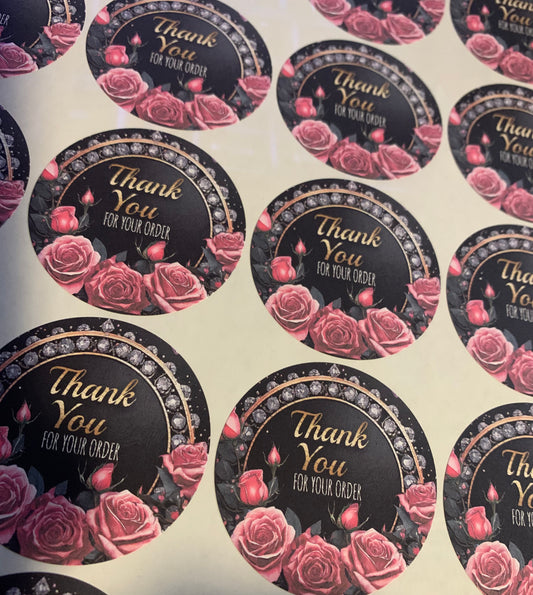 2" Pink Roses print round thank you stickers - 100