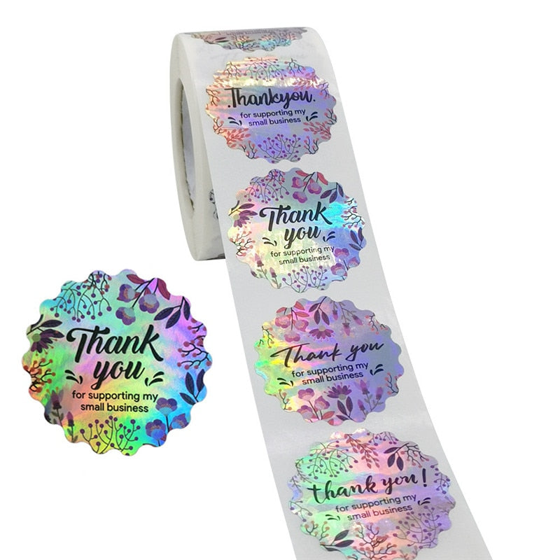 Bling holographic scalloped thank you stickers - 100