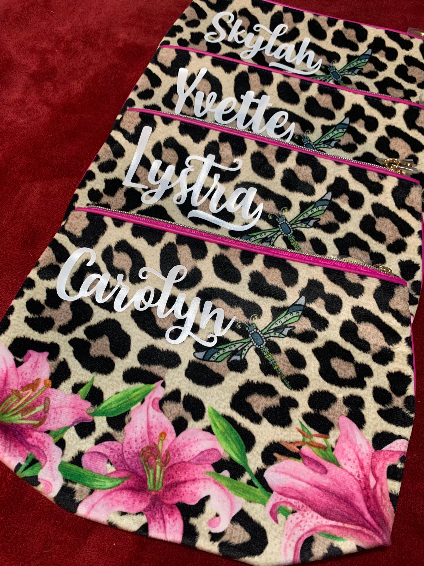 Personalized bling Animal print floral with dragonfly cosmetic bag