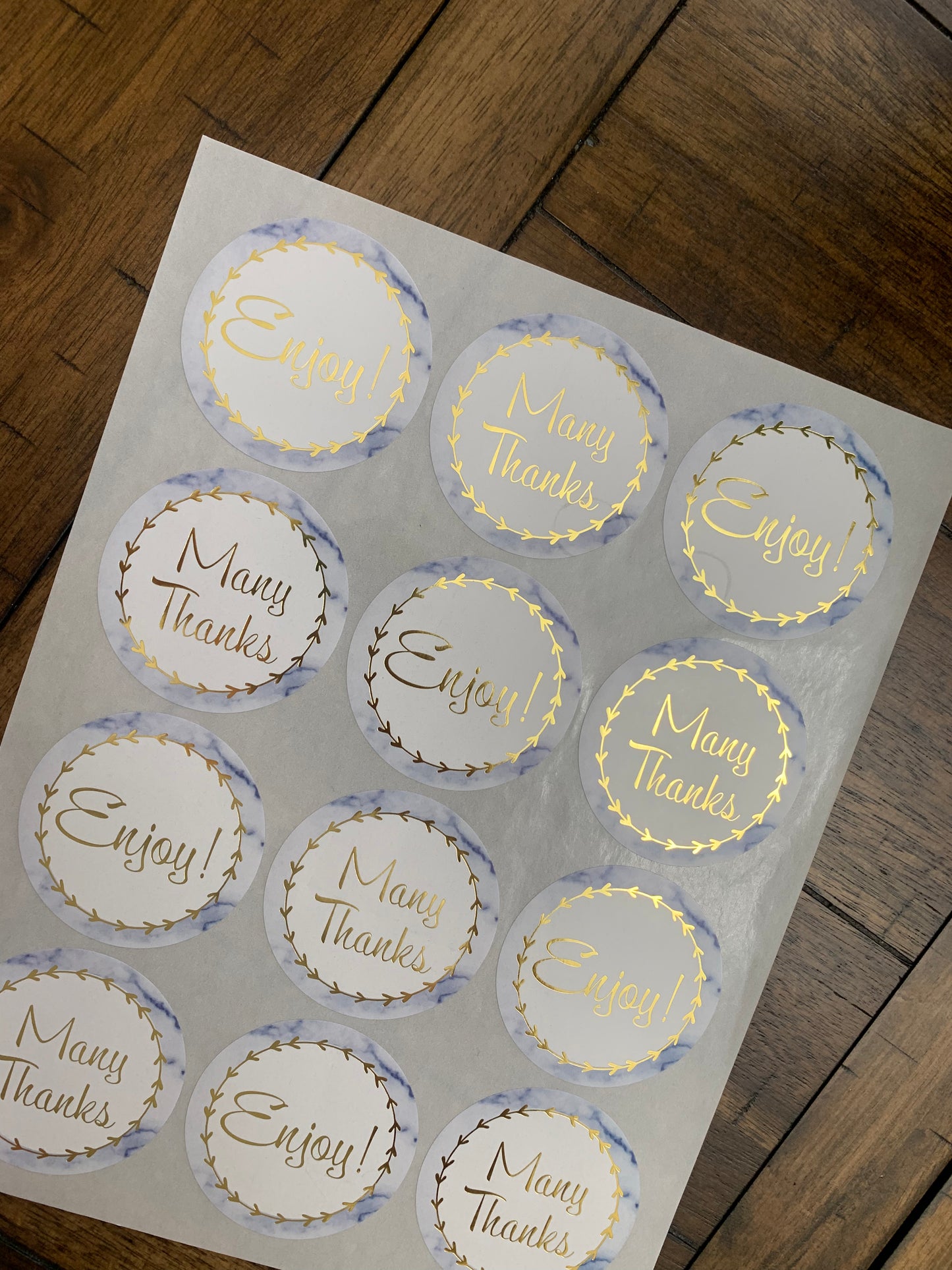 Large 2.5 Round marble assorted thank you stickers with gold writing -120