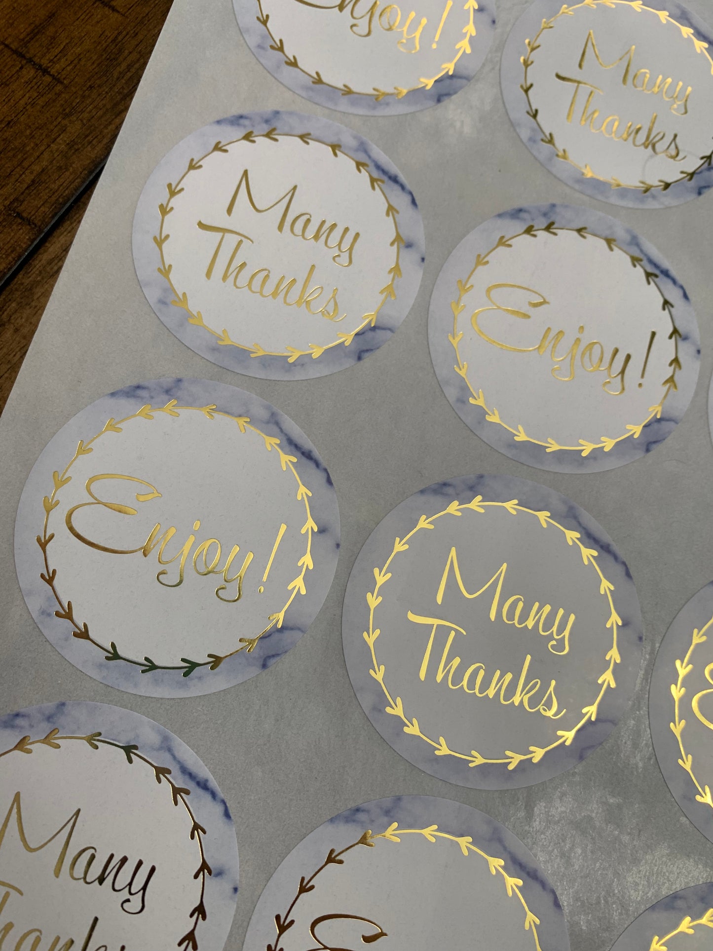 Large 2.5 Round marble assorted thank you stickers with gold writing -120