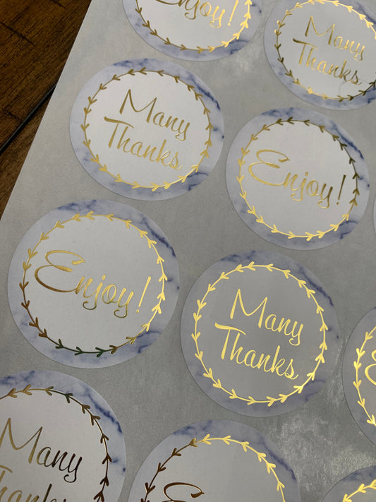 Large 2.5 Round marble assorted thank you stickers with gold writing -12