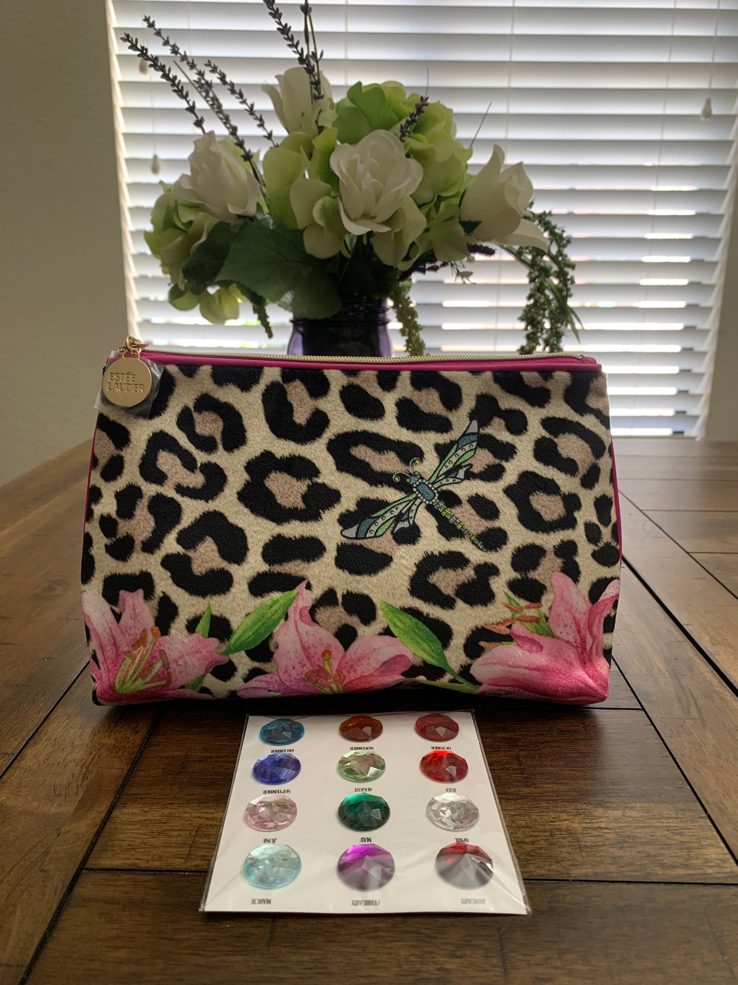 Personalized bling Animal print floral with dragonfly cosmetic bag