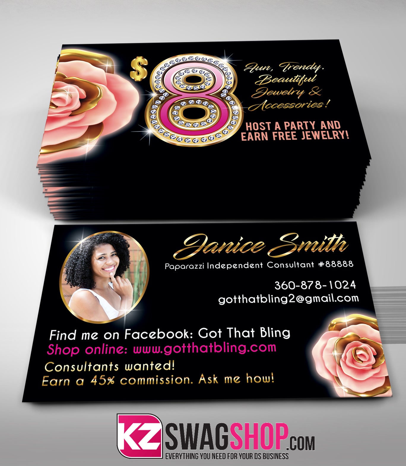 $8 Bling Jewelry Business Cards Style 31 - ROSEGOLD