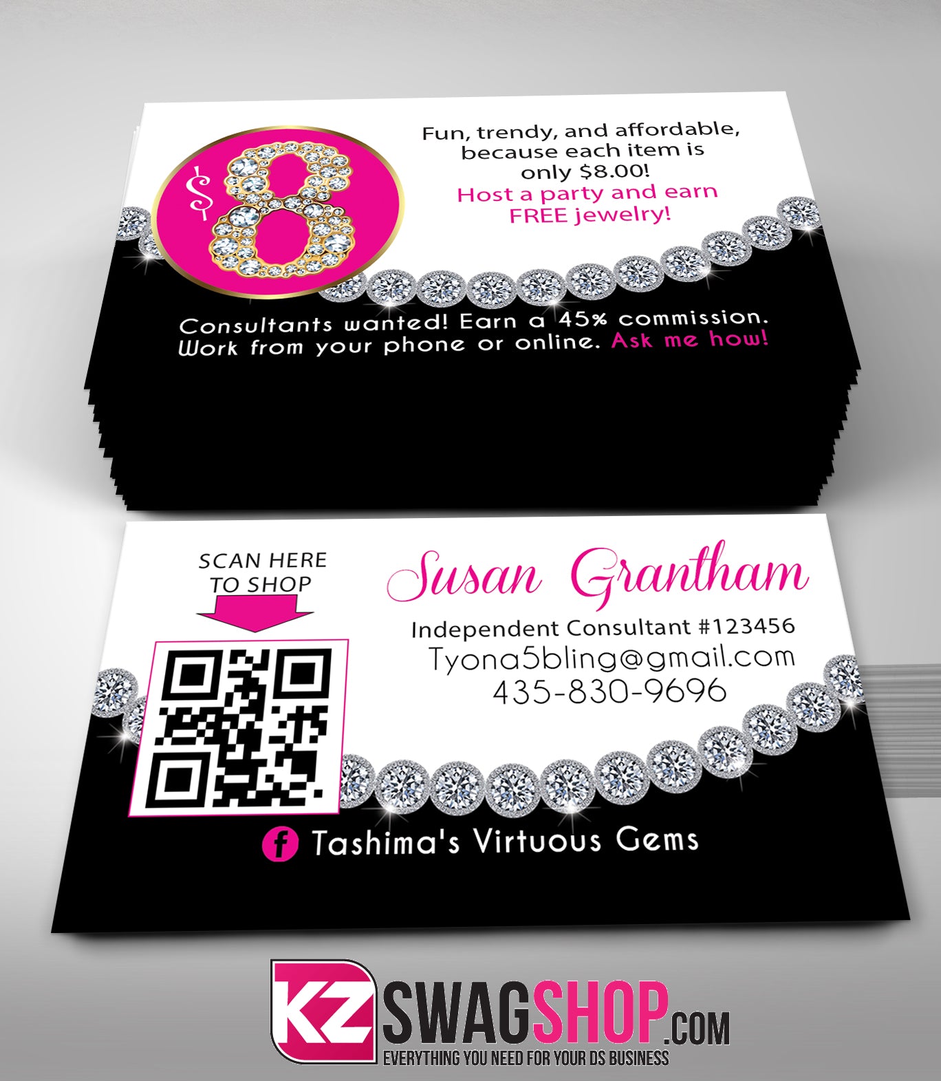 $8 Bling Jewelry Business Cards B&W Style 2 with QR CODE