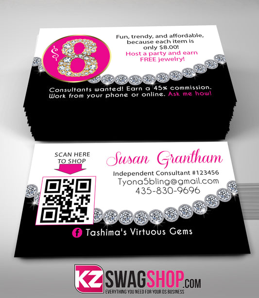 $8 Bling Jewelry Business Cards B&W Style 2 with QR CODE