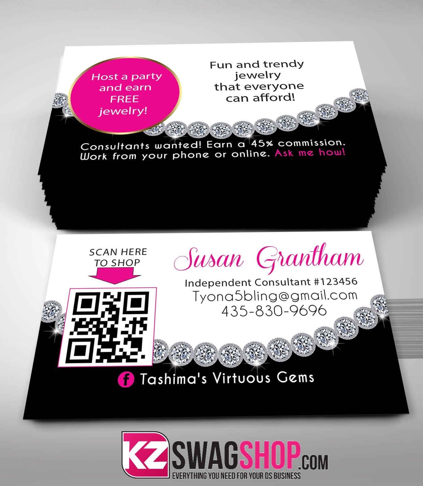 $8 Bling Jewelry Business Cards B&W Style 2 with QR CODE