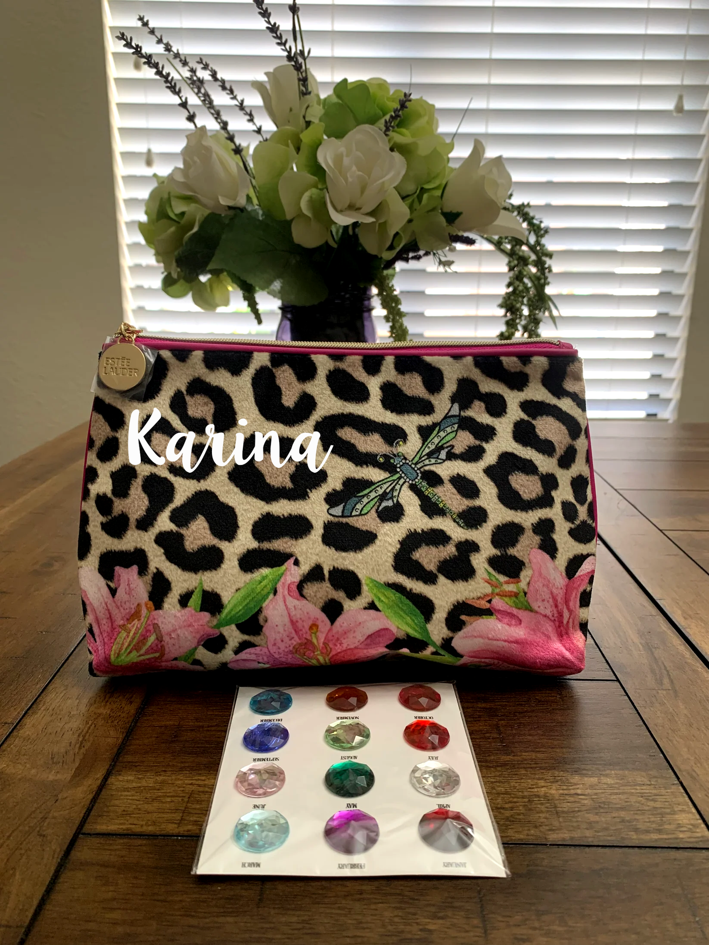 Personalized bling Animal print floral with dragonfly cosmetic bag