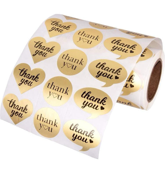 1.5" Assorted thank you stickers in gold with black writing pack of 50