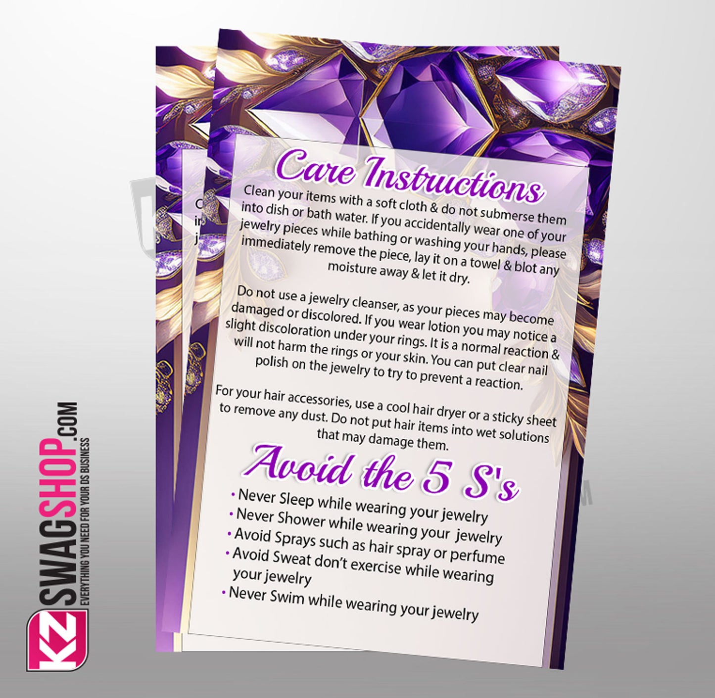 Bling - 4x6 Jewelry Care Cards - ROYAL PACK OF 50 with 60 Personalized labels